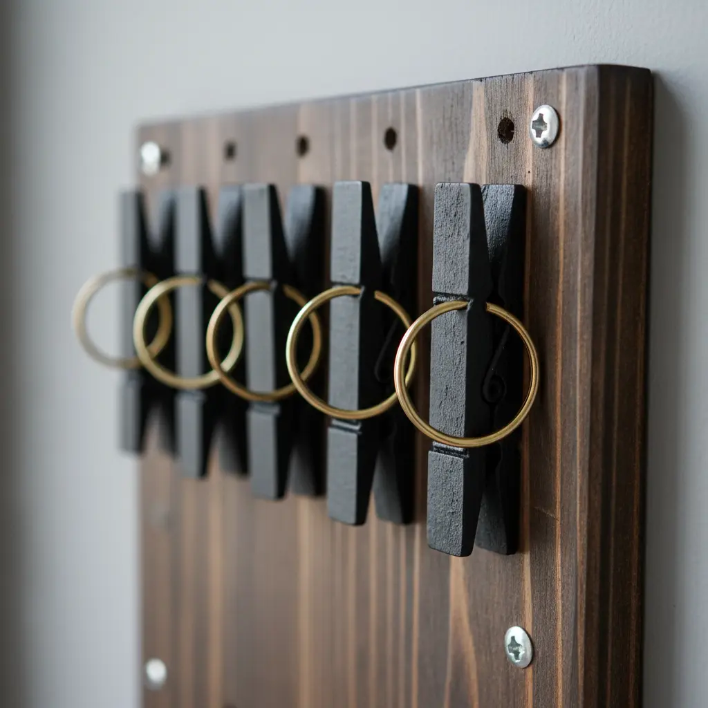 A dark stained wood plank mounted on a wall has three black painted clothespins screwed to it, each holding a set of keys.