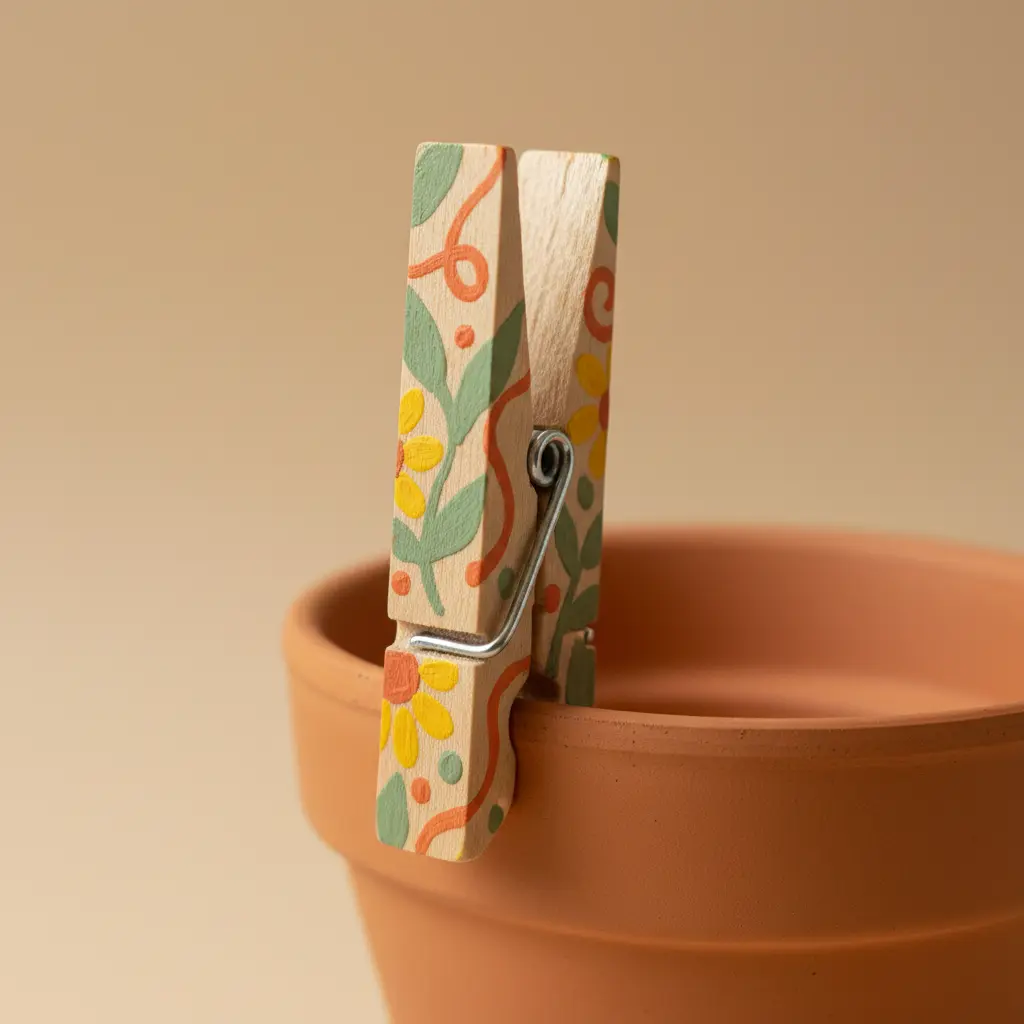 A wooden clothespin painted with bright floral designs clips onto the edge of a terracotta pot to label basil.
