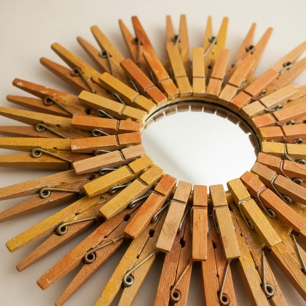 A round mirror is surrounded by yellow and orange painted clothespins arranged like sun rays on a wall.