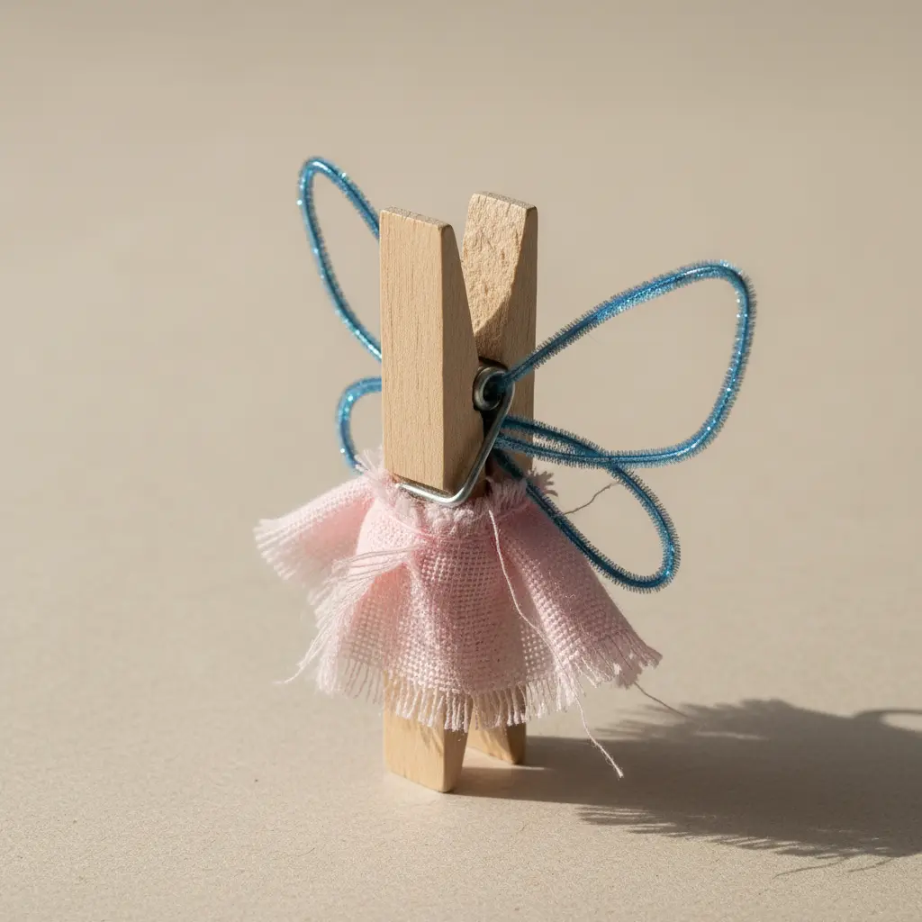 A wooden clothespin painted as a face with a fabric scrap dress and pipe cleaner wings stands on a shelf.