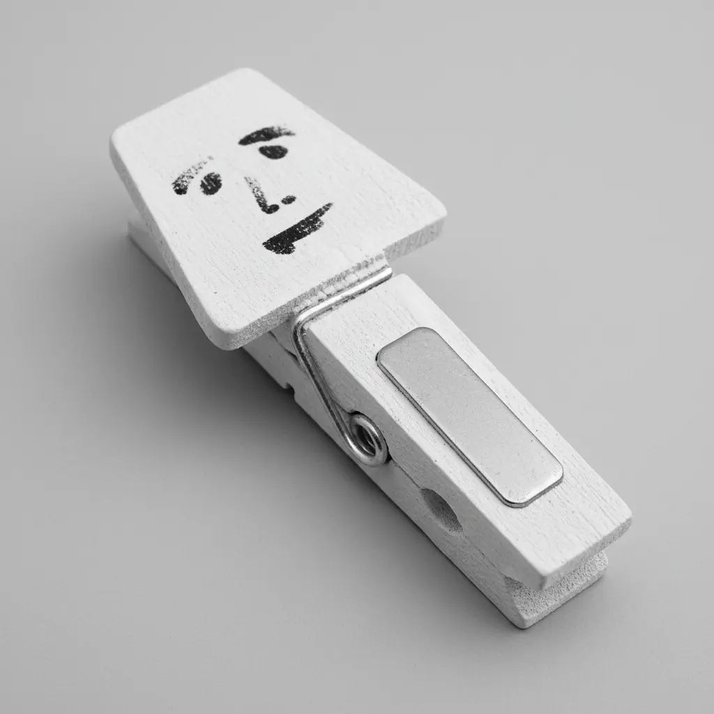 A clothespin painted white with a black stenciled snowman face and a magnet glued to the back holds a shopping list.