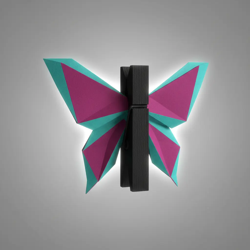 A clothespin painted black forms the body of a butterfly with vibrant geometric patterned paper wings.
