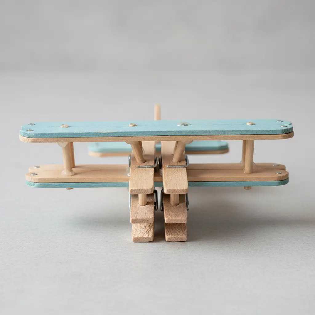 A miniature airplane model constructed from two clothespins and painted popsicle sticks sits on a notebook.
