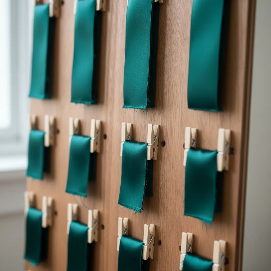 A wooden board has rows of clothespins glued vertically, each clipping a different colored satin hair ribbon.