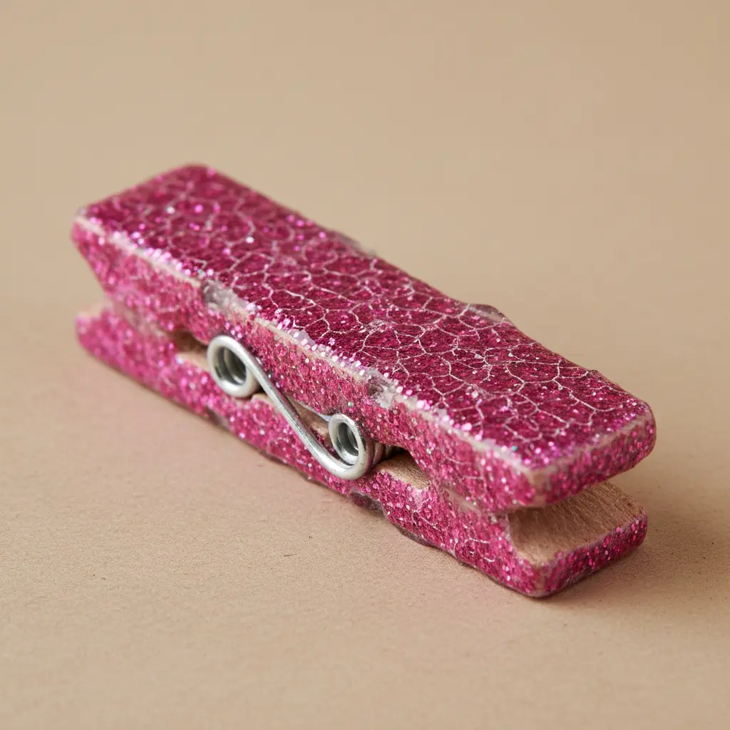 A wooden clothespin is covered in pink glitter and seals a bag of potato chips on a counter.