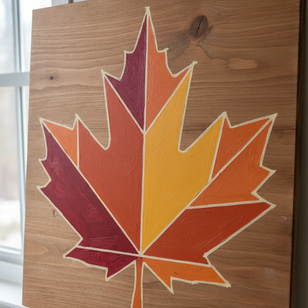 A large painted maple leaf divided into clean color blocks using masking tape resist on canvas.
