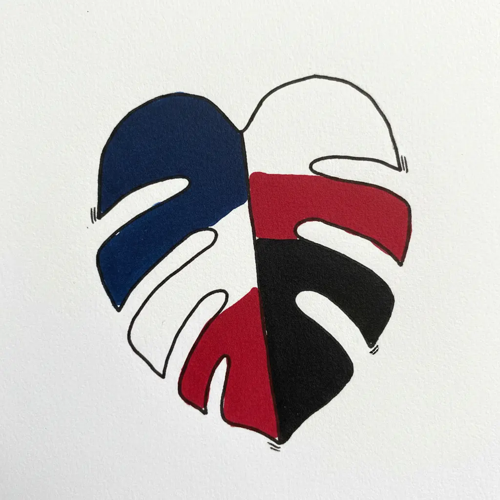 A monstera leaf drawn in black ink with each lobe segmented into bold solid color blocks on white cardstock.
