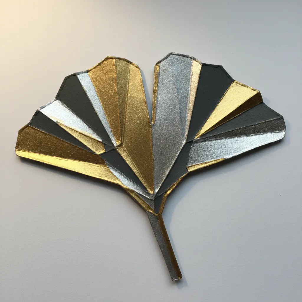 A paper ginkgo leaf cut into geometric shapes and painted with metallic paints on a white background.