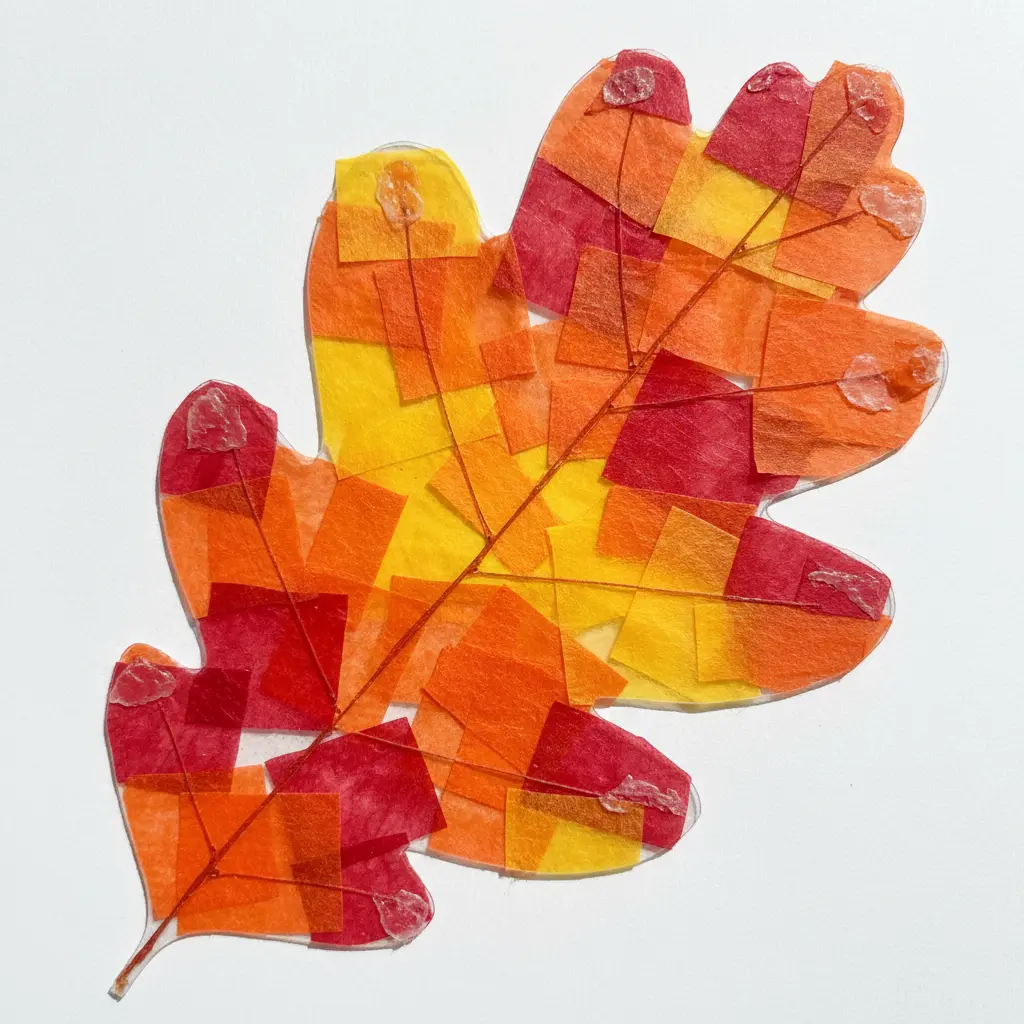 A tissue paper oak leaf with distinct red, orange, and yellow mosaic blocks letting light pass through a window.