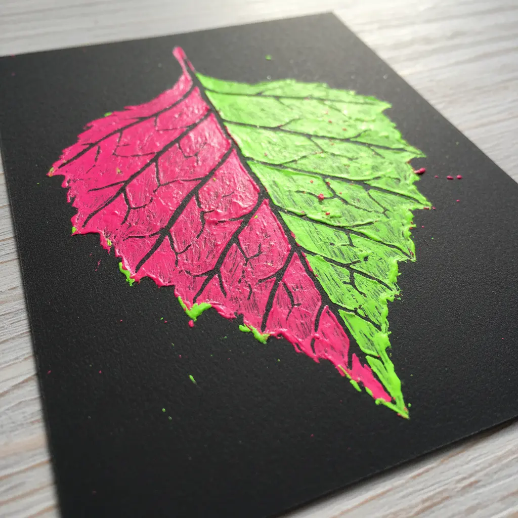 A birch leaf shape with neon pink and green blocks revealing deeper layers through scratched sgraffito lines.