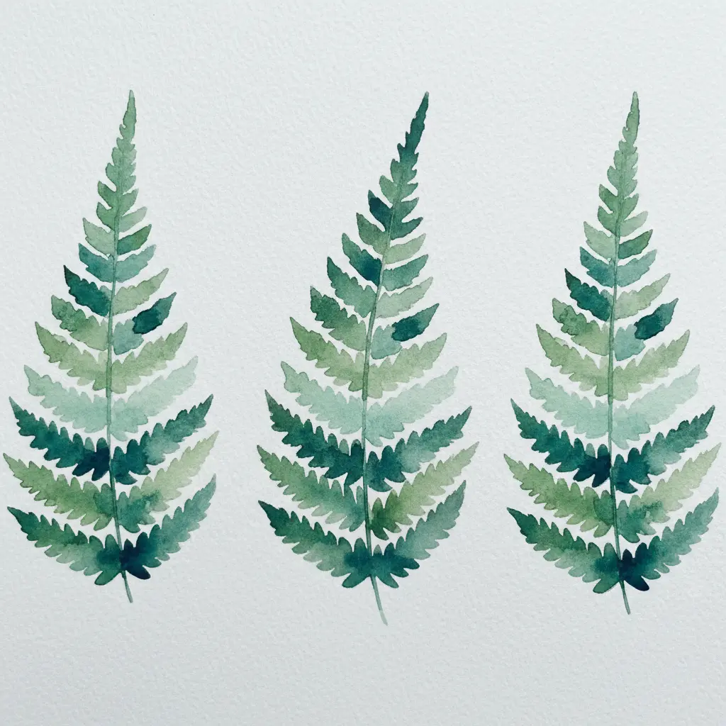 Three fern frond prints each split into separate color wash zones using a wet-on-wet watercolor gradient technique.