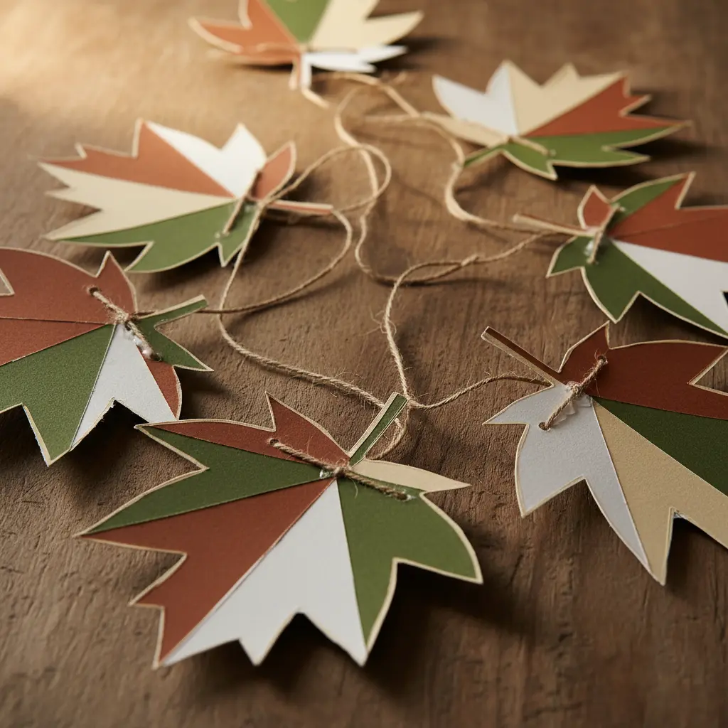 Several cardstock sycamore leaves with faceted geometric color blocks strung together as a decorative garland.