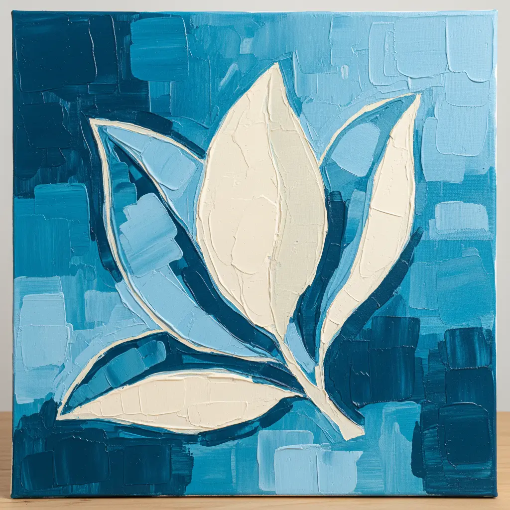 A single magnolia leaf painted in blue, teal, and white acrylic blocks on a stretched gallery canvas.