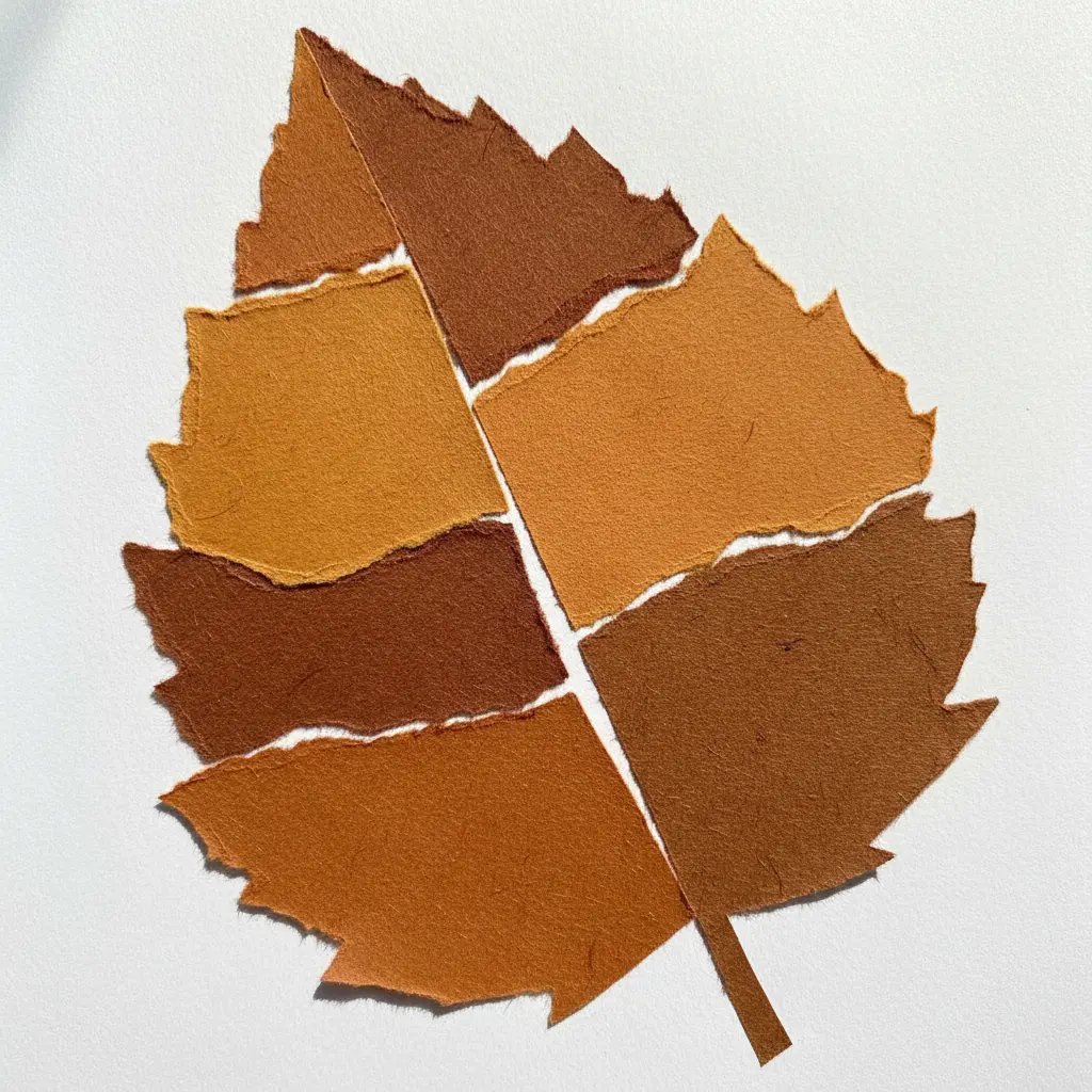 An abstract leaf shape filled with torn handmade paper pieces in contrasting earth tones arranged in blocky sections.