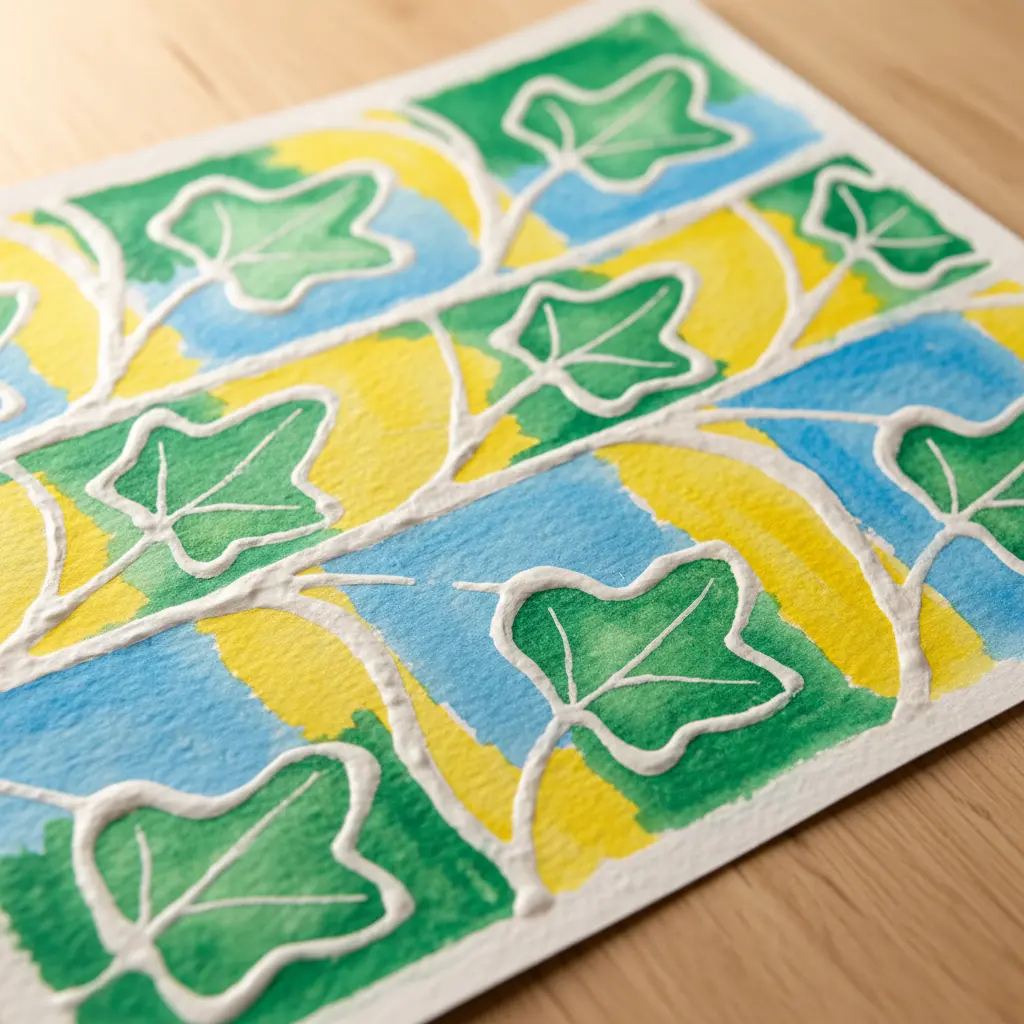 A pattern of ivy leaves with crayon-drawn dividing lines and bright watercolor blocks resisting the wax on watercolor paper.