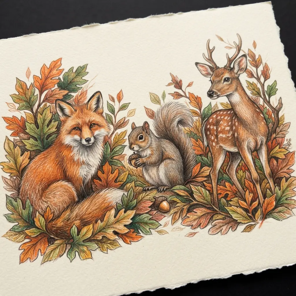 A squirrel, fox, and deer drawn together with colored pencils, set against a background of red and orange autumn leaves.