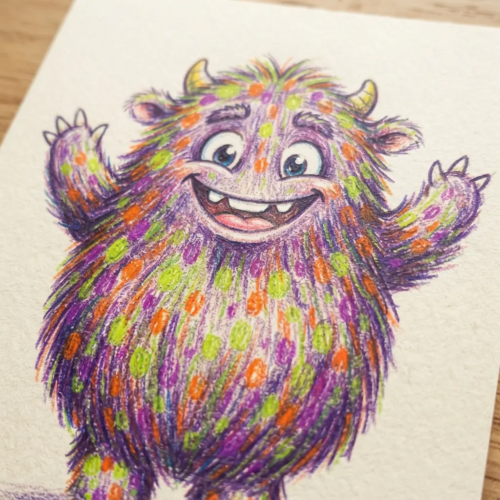 A friendly, smiling monster with colorful polka dot fur created with layered colored pencils.