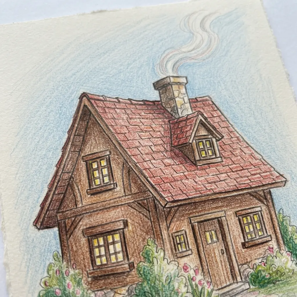 A cozy cottage with a bright red tiled roof and a smoking chimney, drawn with colored pencils.