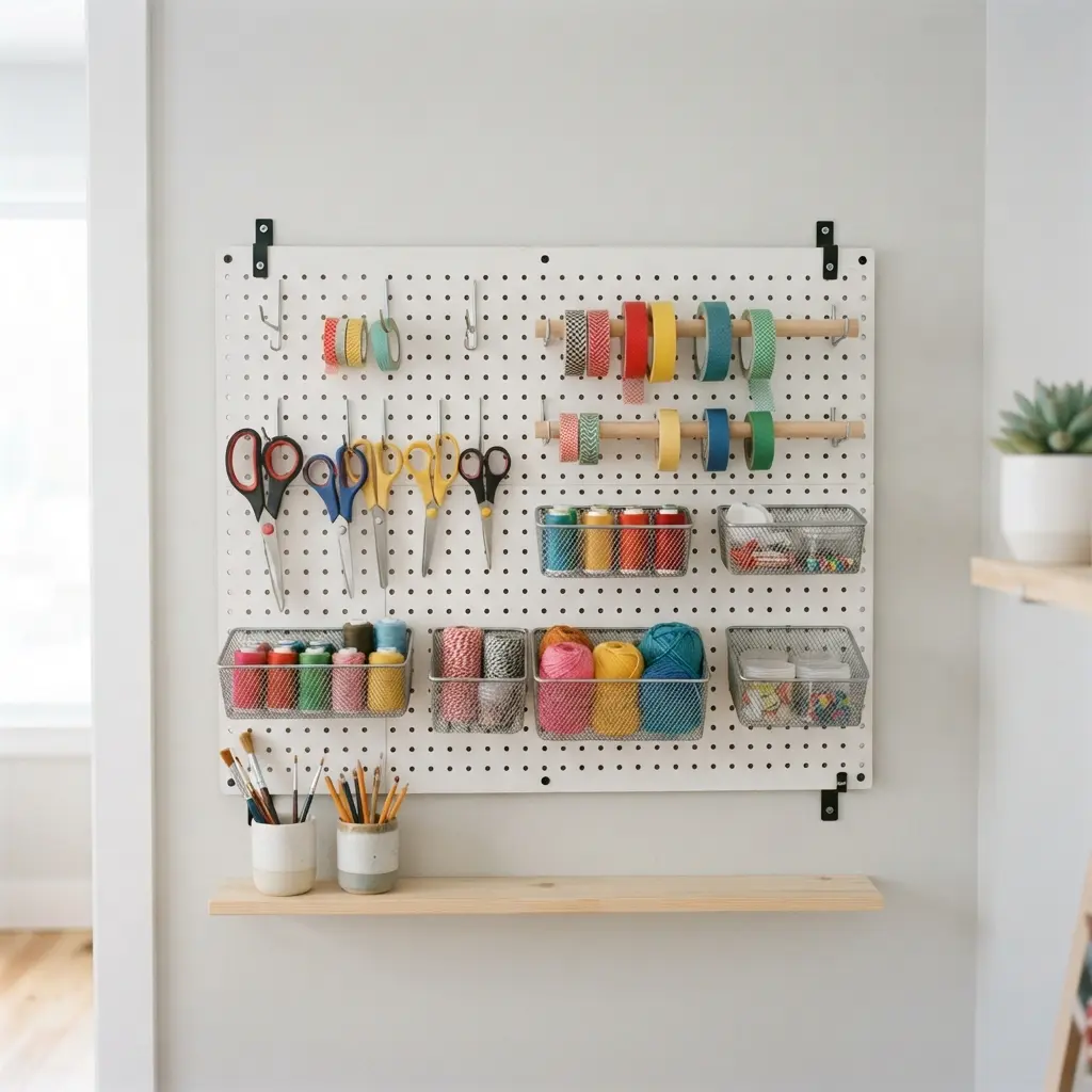 A white pegboard wall organizer with hooks holding various crafting tools and supplies against a light background.