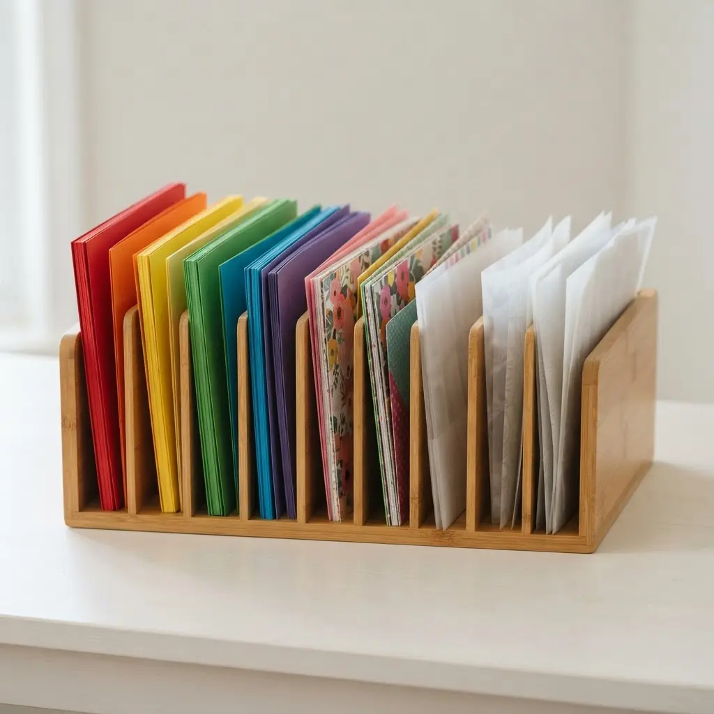 A desktop paper storage tray with multiple dividers organizing different types of flat paper and cardstock.