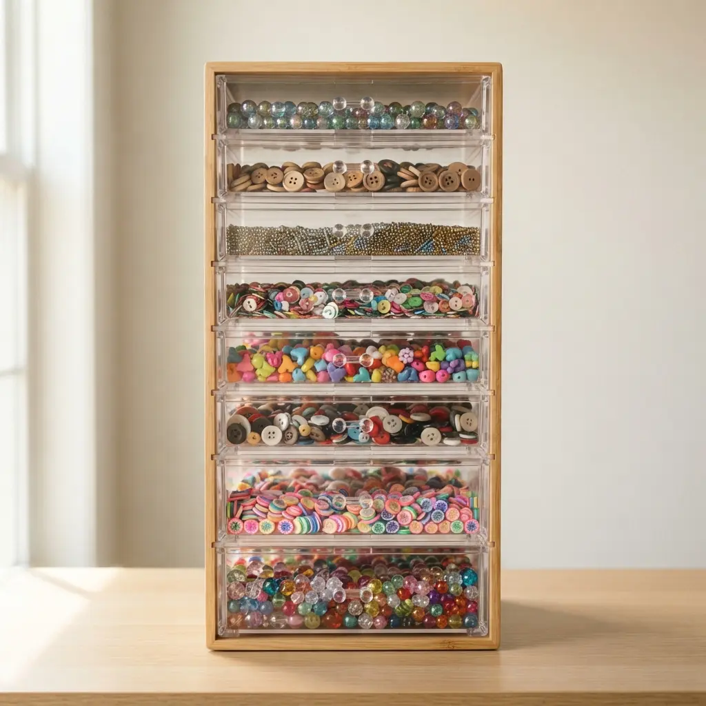 A modular tower of clear plastic drawers neatly organized with colorful beads and small craft components.