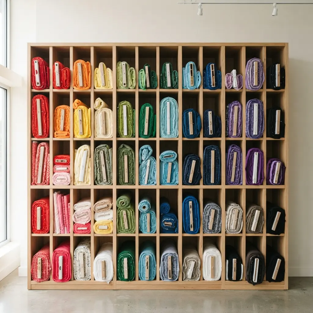 A vertical wooden shelf unit organizing multiple rolled fabric bolts by color and pattern.