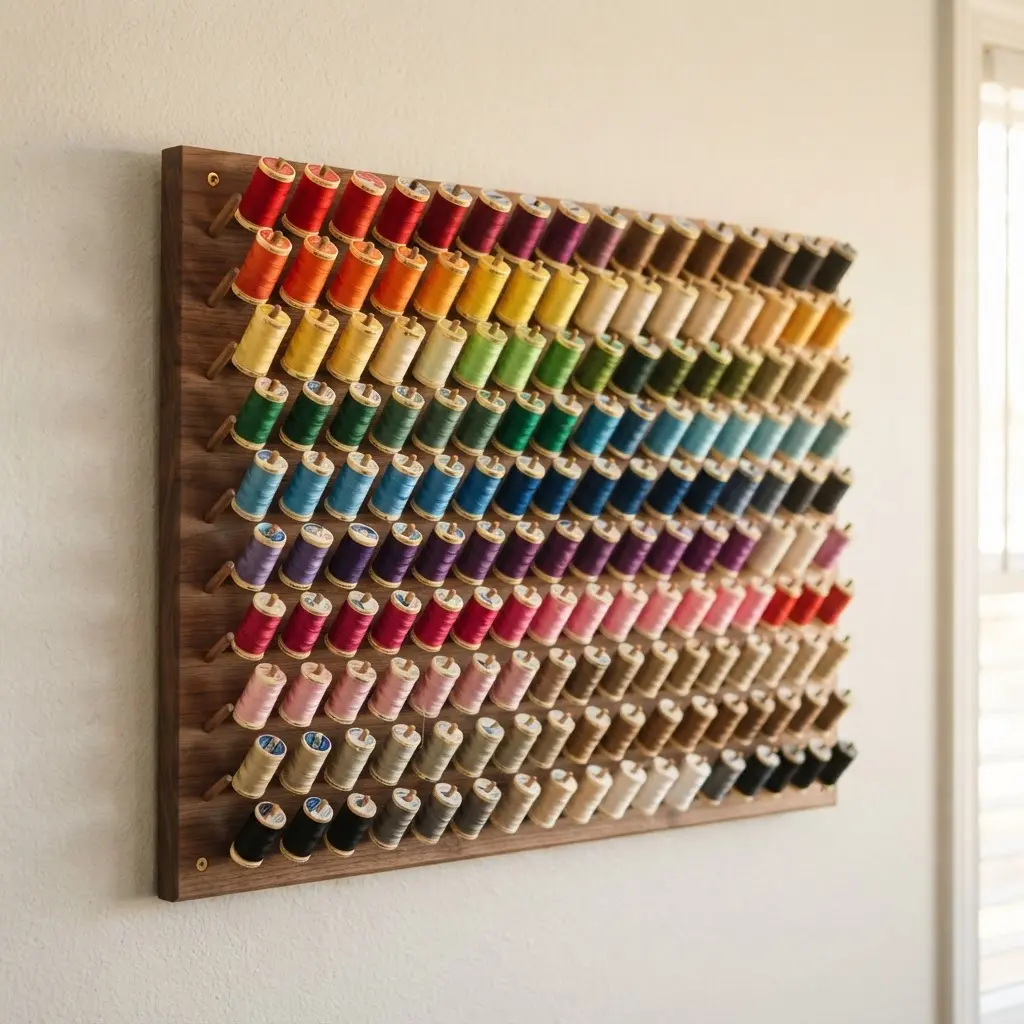 A wall-mounted wooden rack holding dozens of organized thread spools for easy viewing and access.