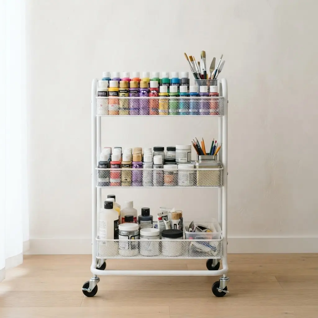 A mobile wire cart on casters organizing painting supplies and tools on multiple shelves.