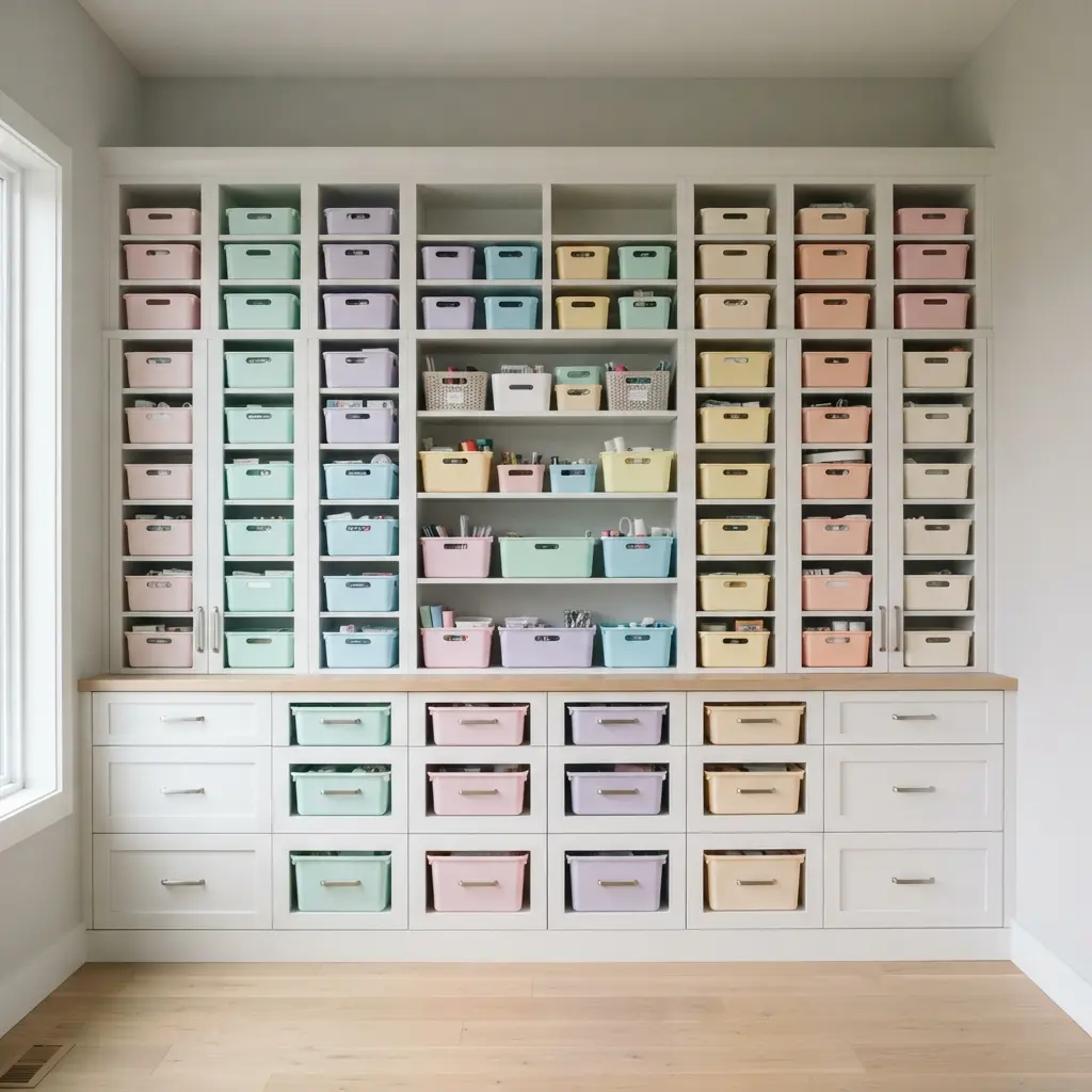 A custom built-in cabinet system with labeled pull-out storage bins for categorized craft supplies.