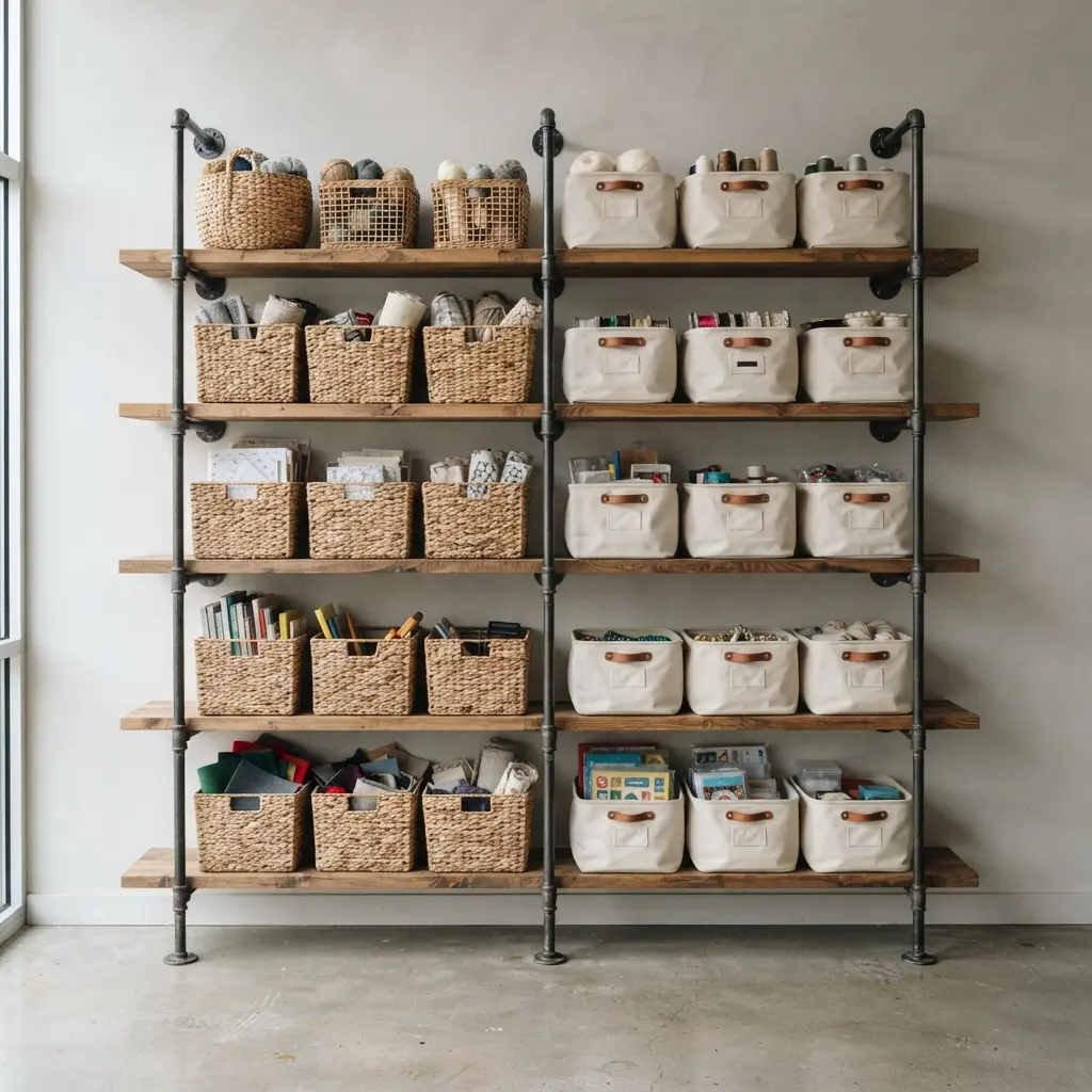 An open shelving unit made from industrial pipes and wood planks holding bulk craft storage baskets.