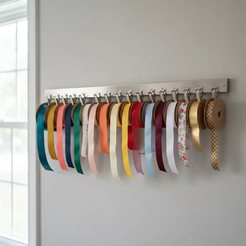 A magnetic strip mounted on a wall holding metal clips with various ribbon rolls for easy grabbing.