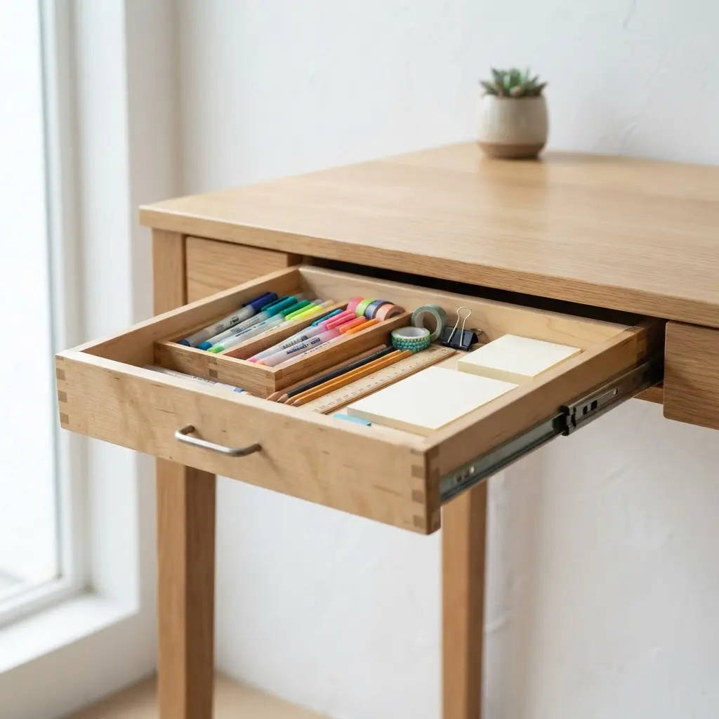 A pull-out drawer organizer installed under a desk, neatly holding writing and measuring tools.