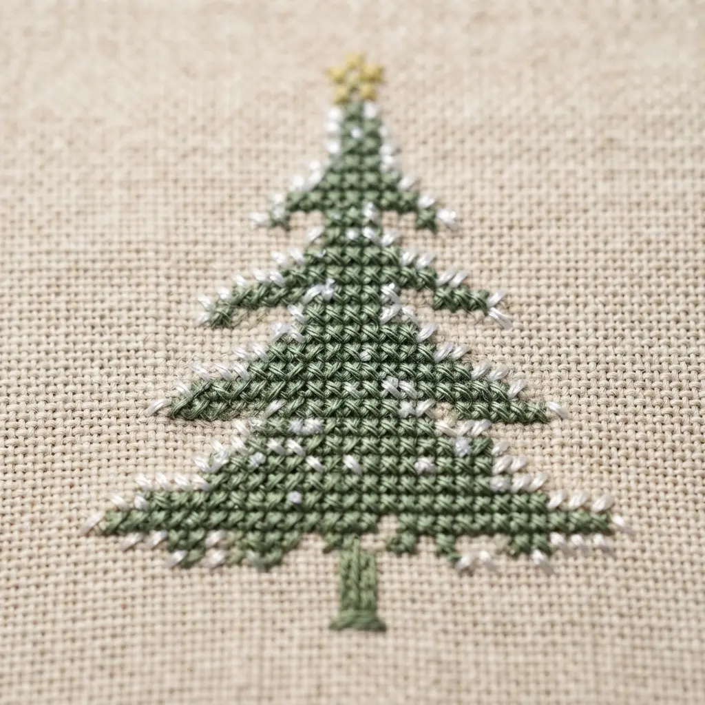 A green cross stitch tree with scattered white stitches mimicking a light dusting of snow.
