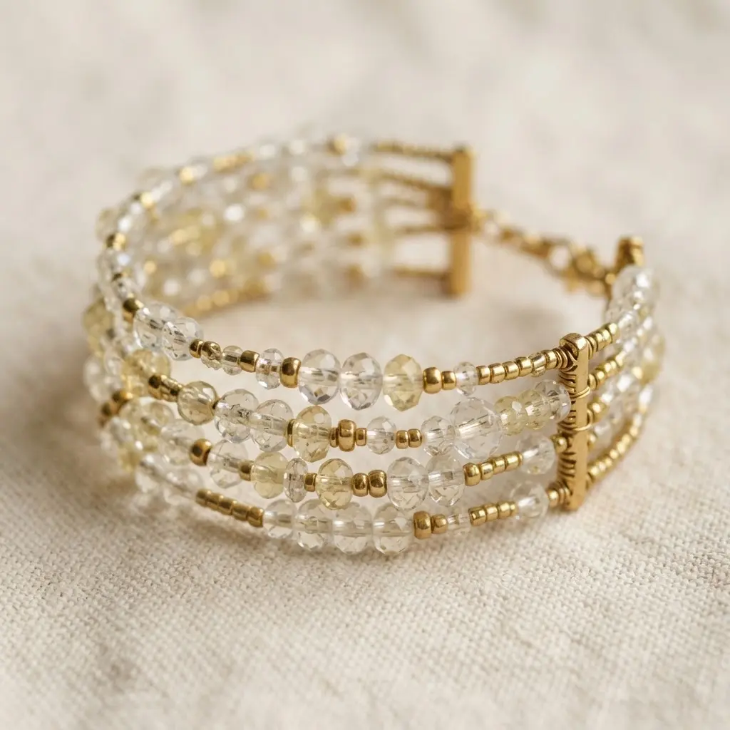 A wide beaded cuff bracelet featuring alternating gold-plated rondelle spacers and faceted clear crystal beads.