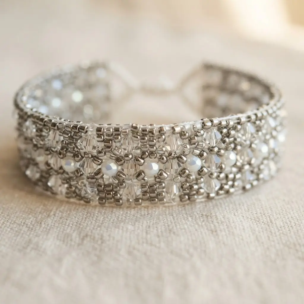 A detailed woven bracelet in peyote stitch pattern using tiny silver seed beads and scattered crystal accents.