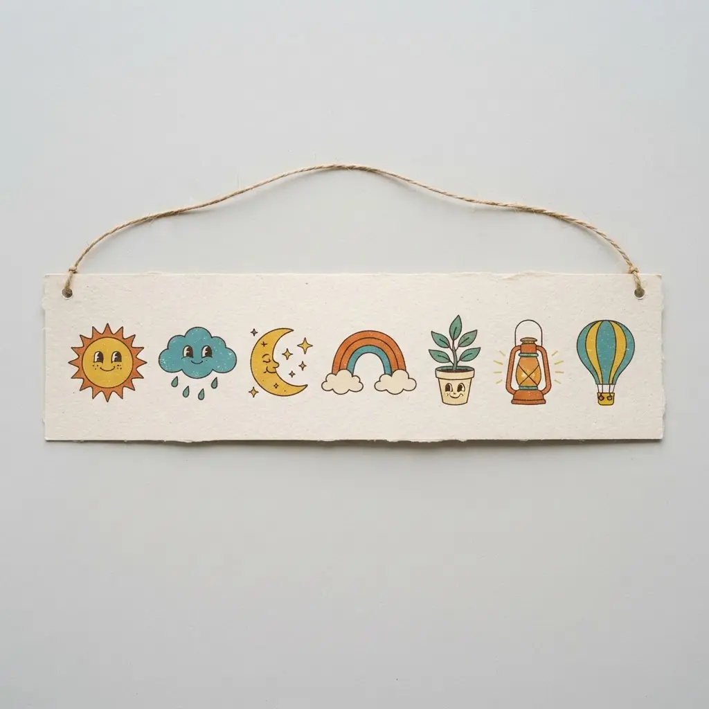 A decorative banner strip with each day of the week illustrated in a playful retro cartoon style.