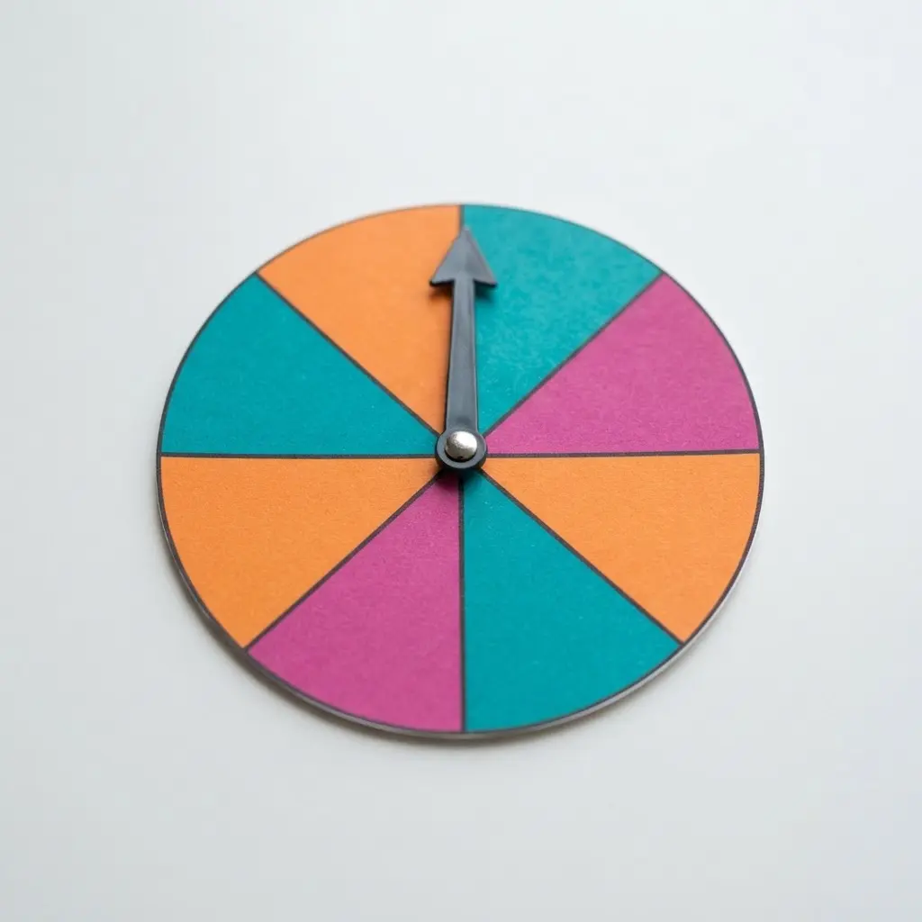 A round, color-coded printable spinner with the days of the week arranged around a central moving arrow.