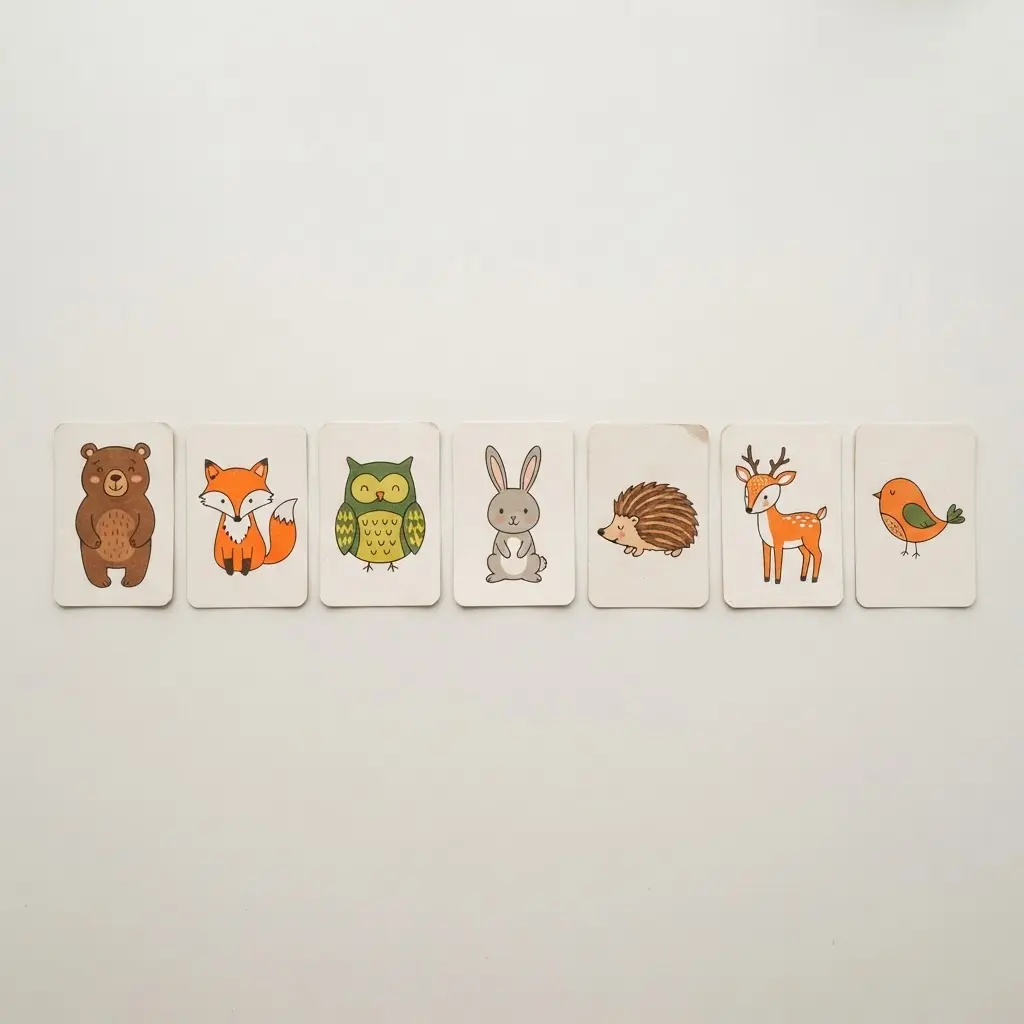 Seven illustrated flashcards, each pairing a day of the week with a cheerful cartoon animal character.