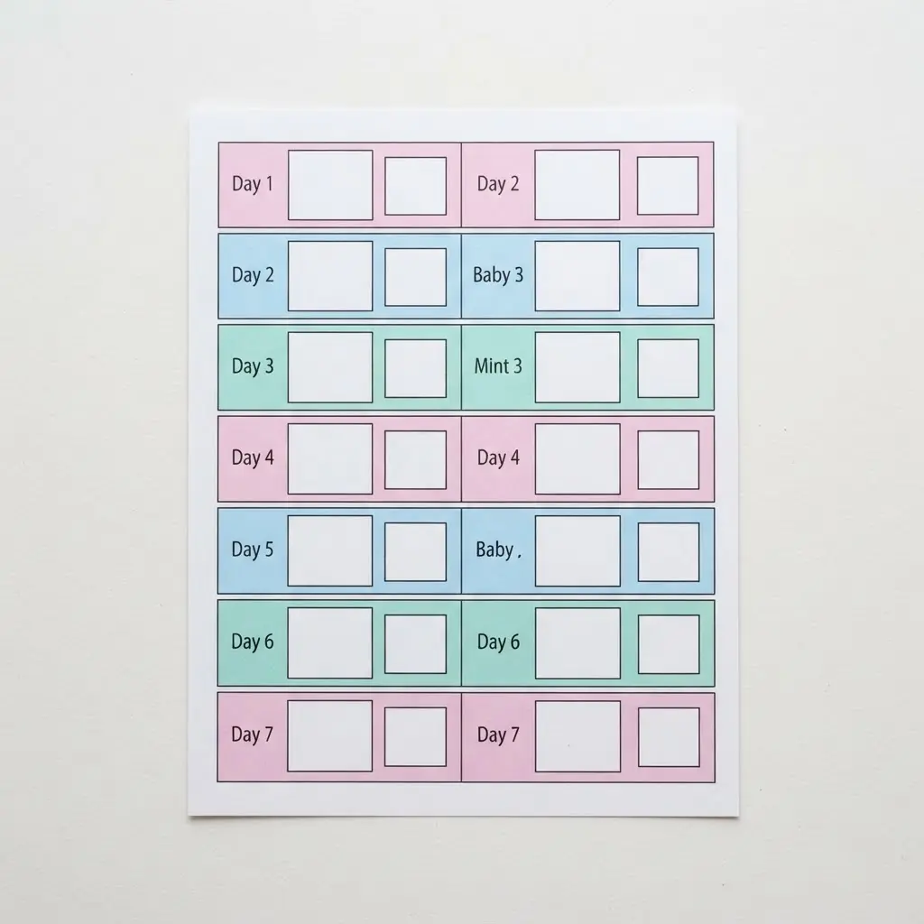 A pastel-colored printable activity where children match and glue day labels into the correct order on a chart.