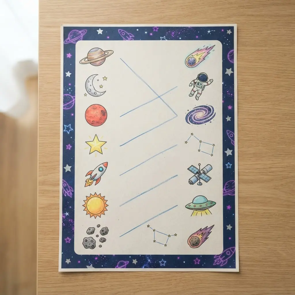 A printable worksheet with rockets and planets, asking children to match abbreviated days like Mon and Tue with their full names.
