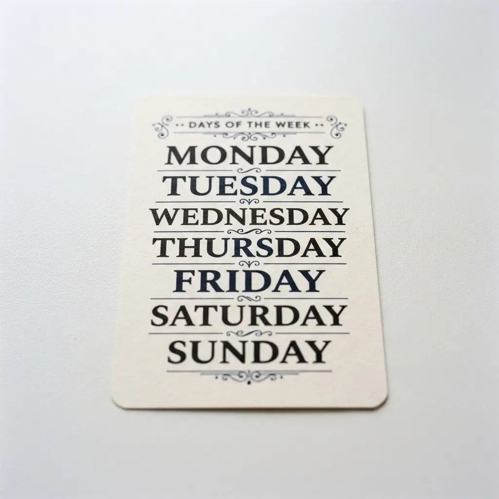 A small, durable reference card with the days of the week printed in a bold, elegant serif font.