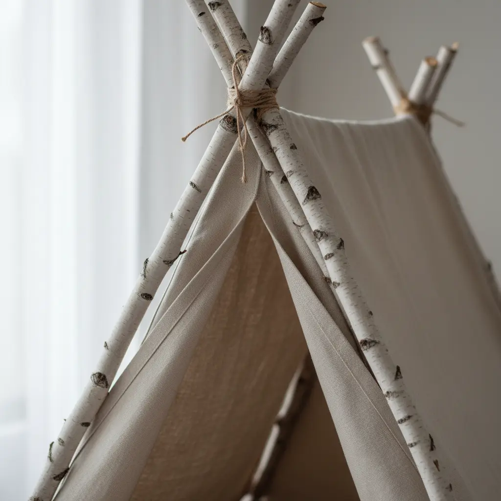 A rustic tent constructed with slender birch poles forming an A frame, draped with a light beige canvas sheet.
