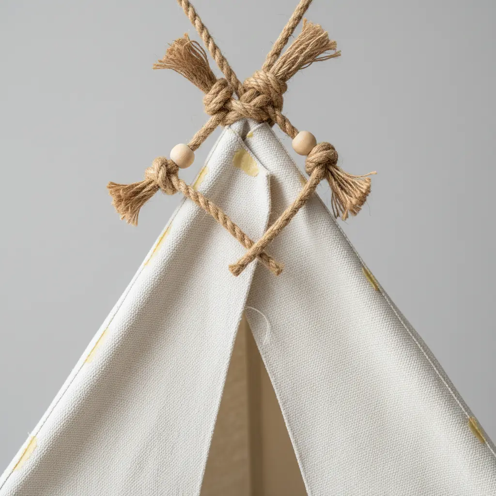 A simple A frame formed by ropes tied between two points, supporting a draped fabric sheet.