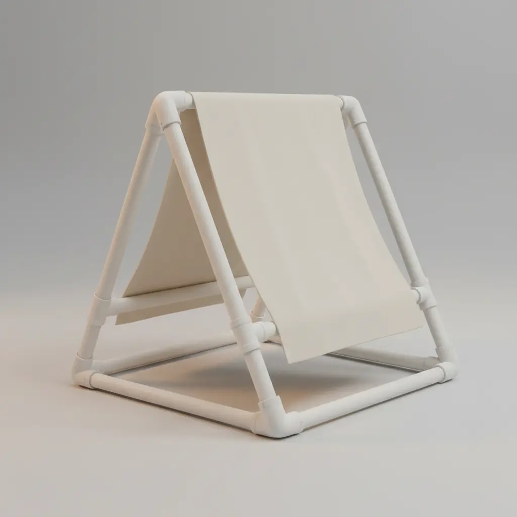 A simple geometric A frame structure made from white PVC pipes, ready for a fabric cover.