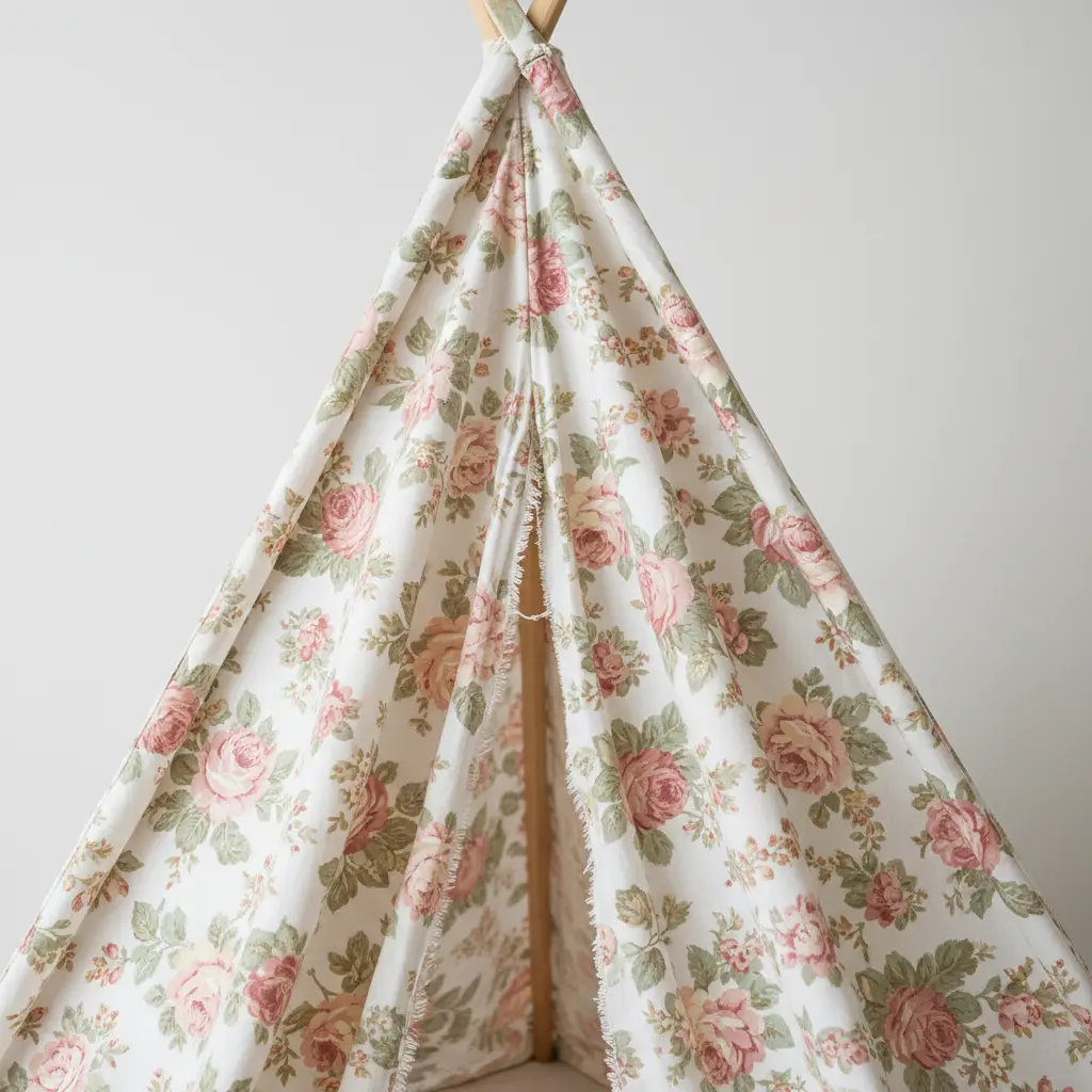 An A frame tent draped in a brightly colored vintage sheet with a small floral print.