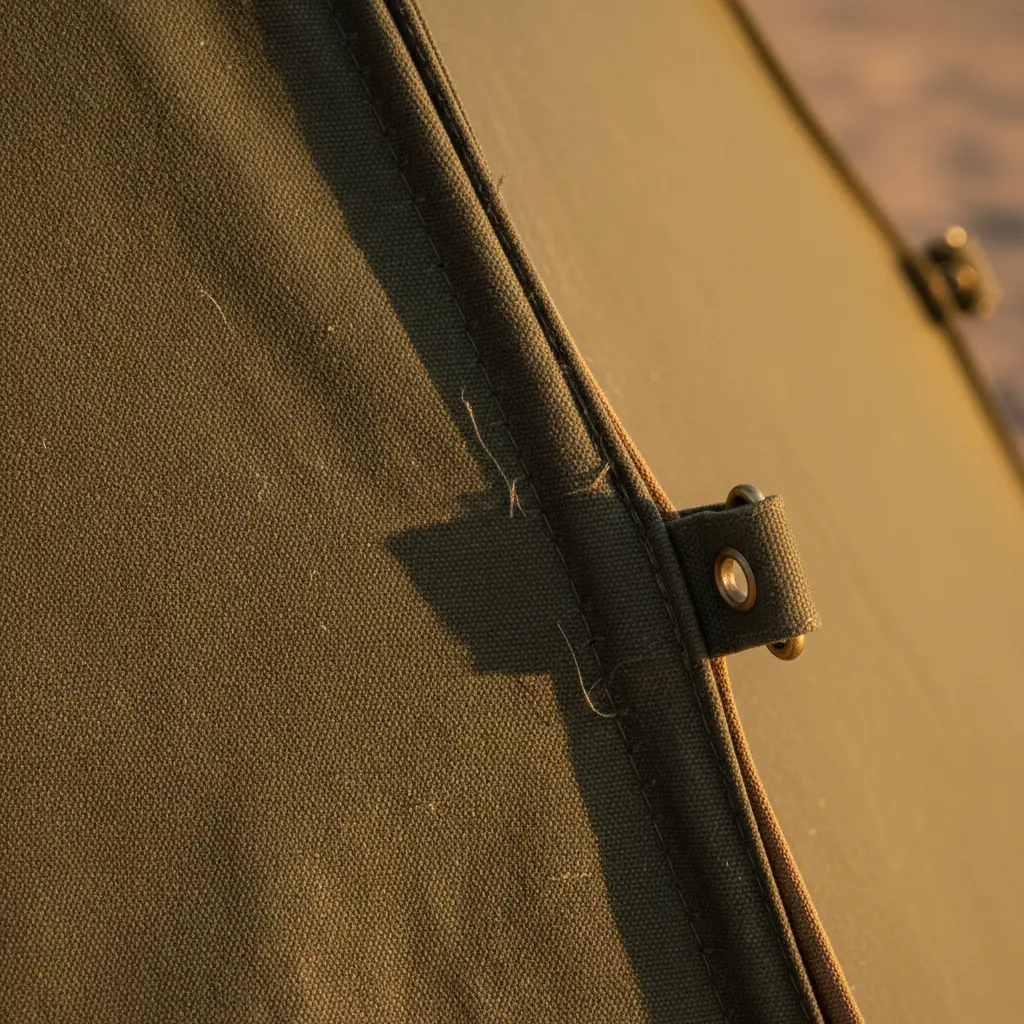 A robust A frame tent covered in olive green waterproof canvas, suitable for outdoor use.