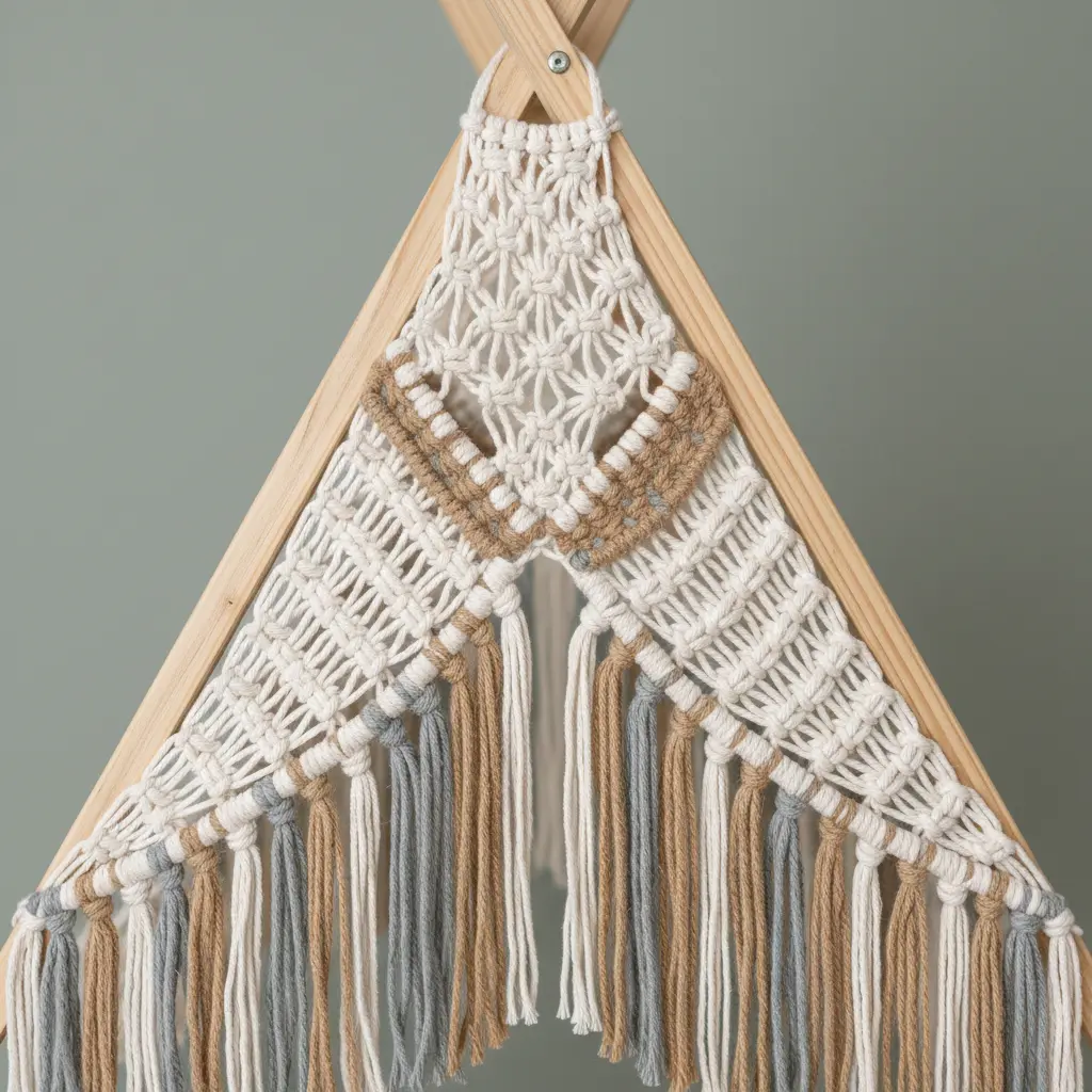 An A frame with macrame lace panels creating a breezy, textured wall on a simple wood structure.