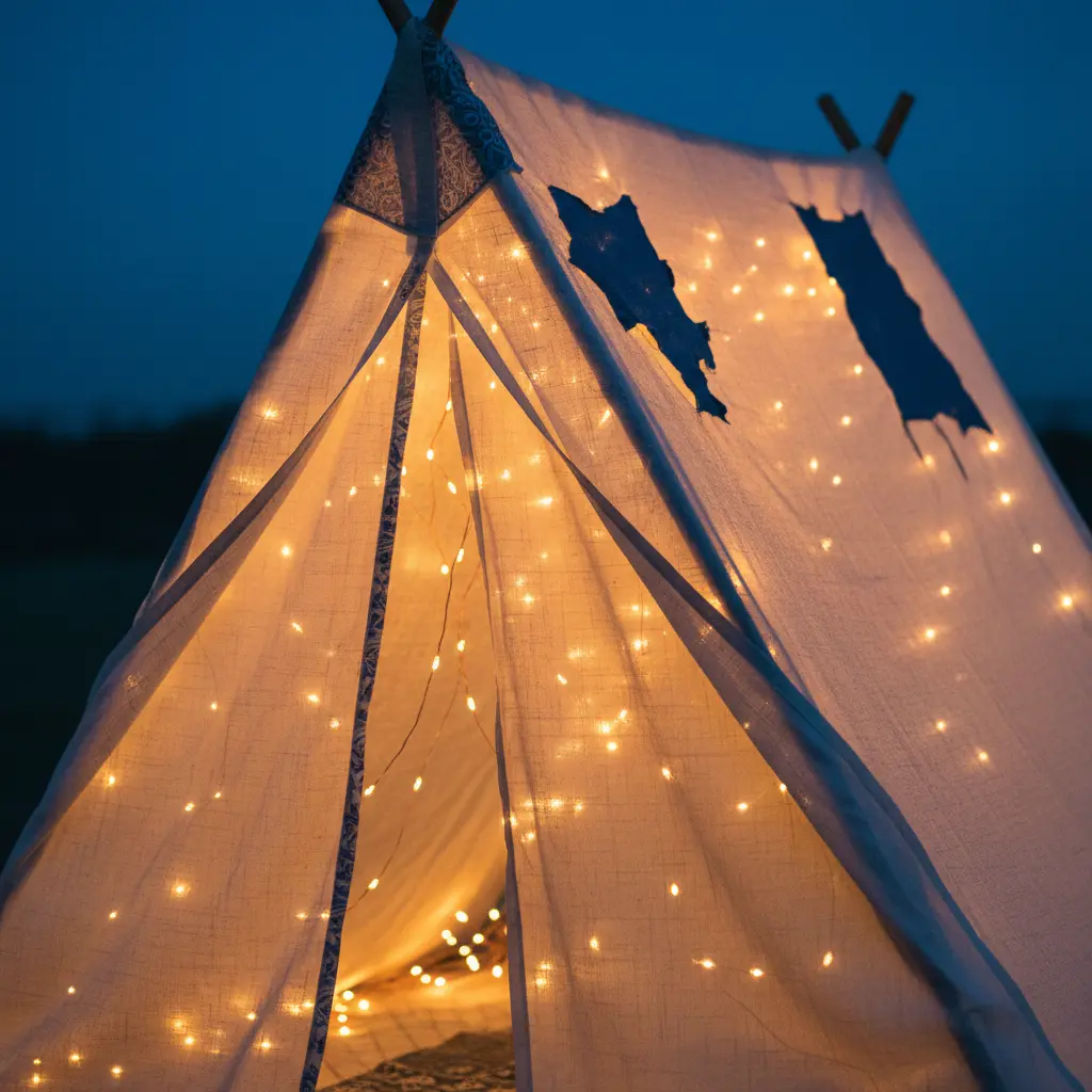 An A frame tent made of a light-colored sheet, glowing softly from strings of fairy lights inside.