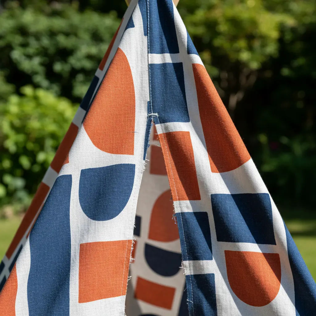 A playful A frame tent completely covered in a bright, large-scale geometric patterned fabric.