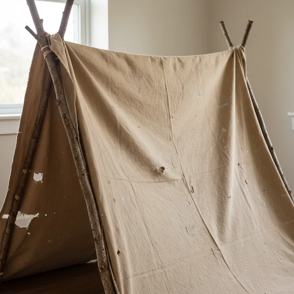 A neutral-toned A frame tent constructed from a large, unbleached cotton drop cloth.